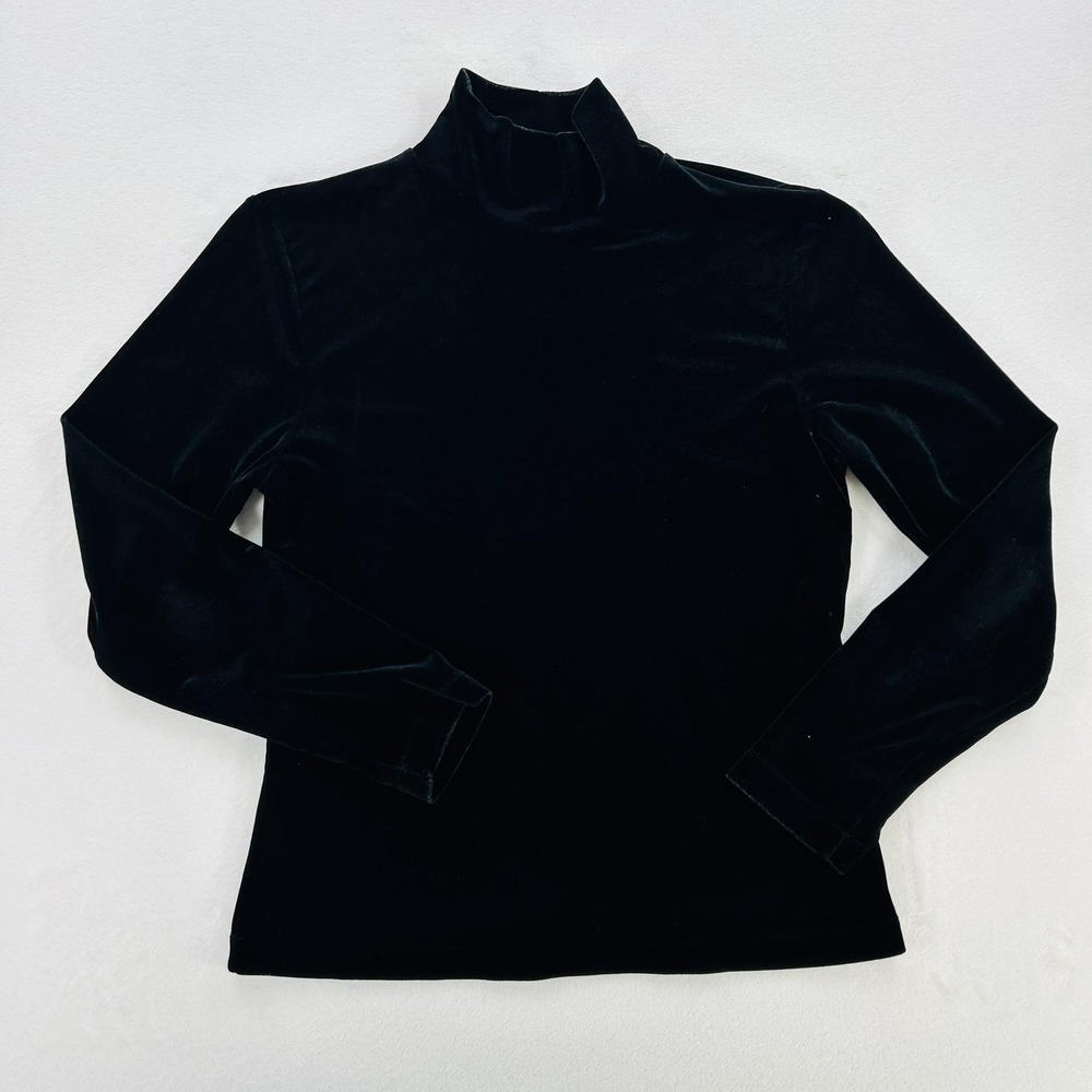 Lands End Blouse Womens Medium Black Velvet Turtleneck Long Sleeve Pullover Top